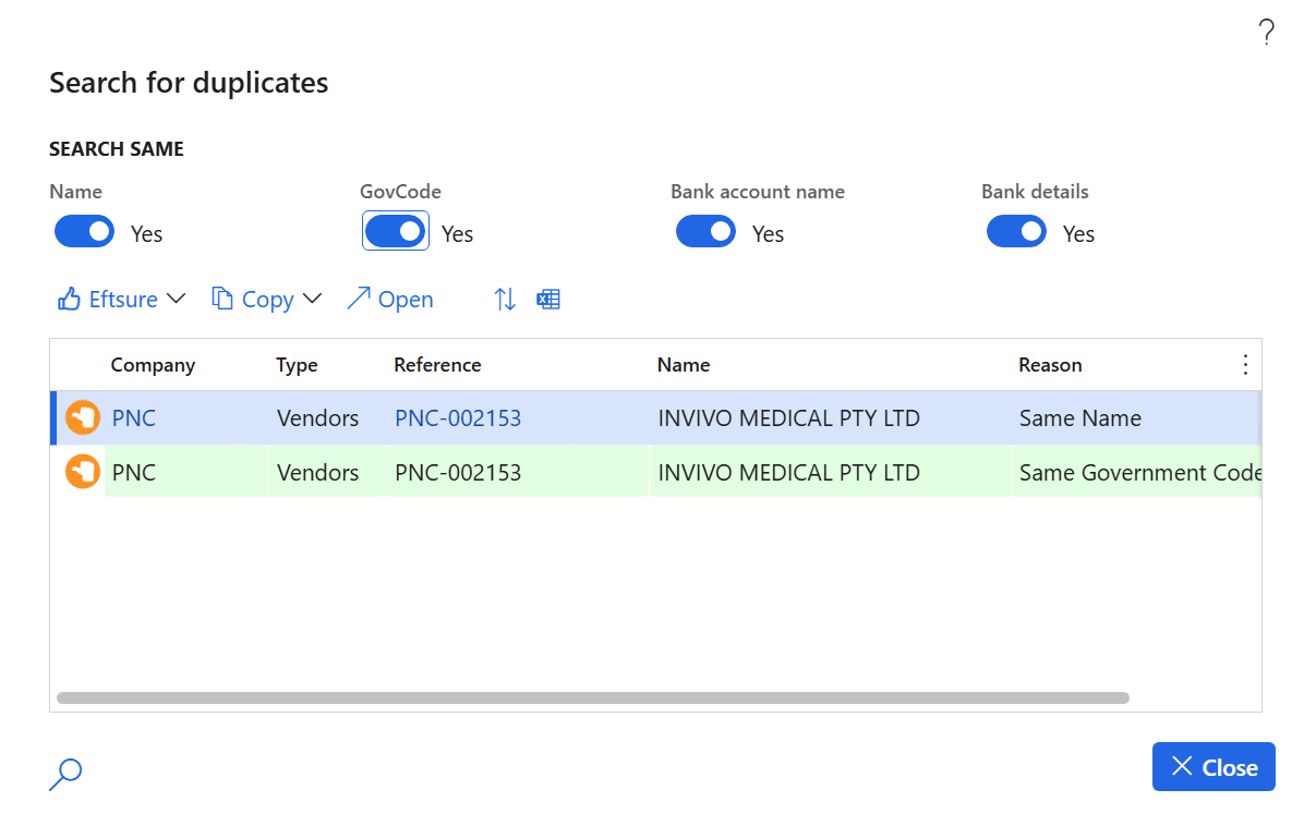 Search for duplicates results