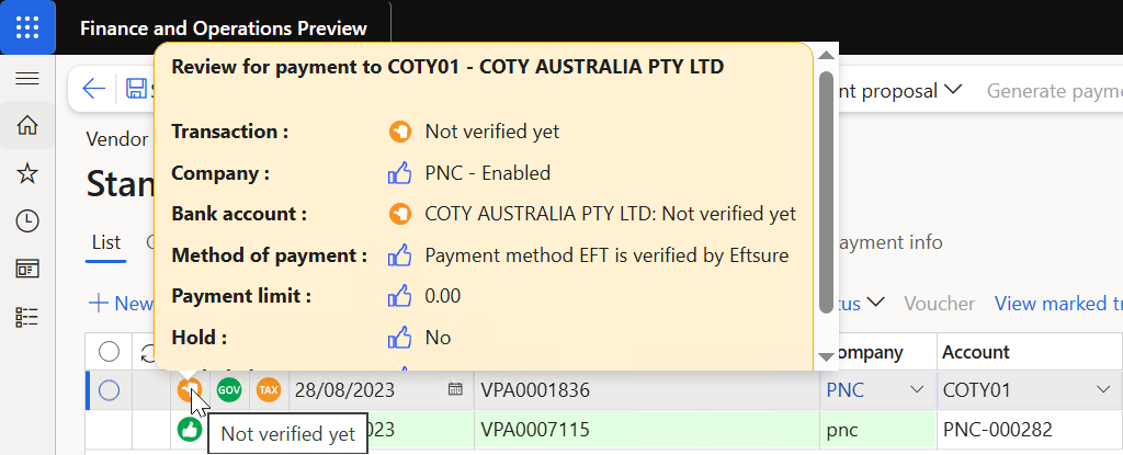 Preview Part sample display for payment(s)