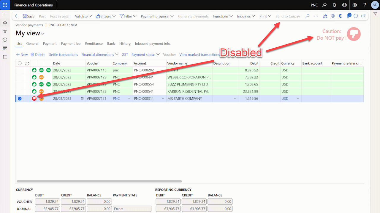 Eftsure inside Corpay with payment journal lines errors