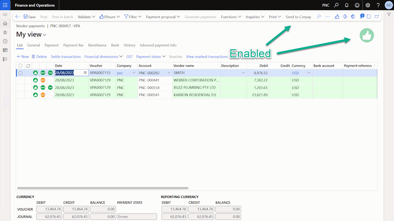 Eftsure inside Corpay with valid payment journal lines