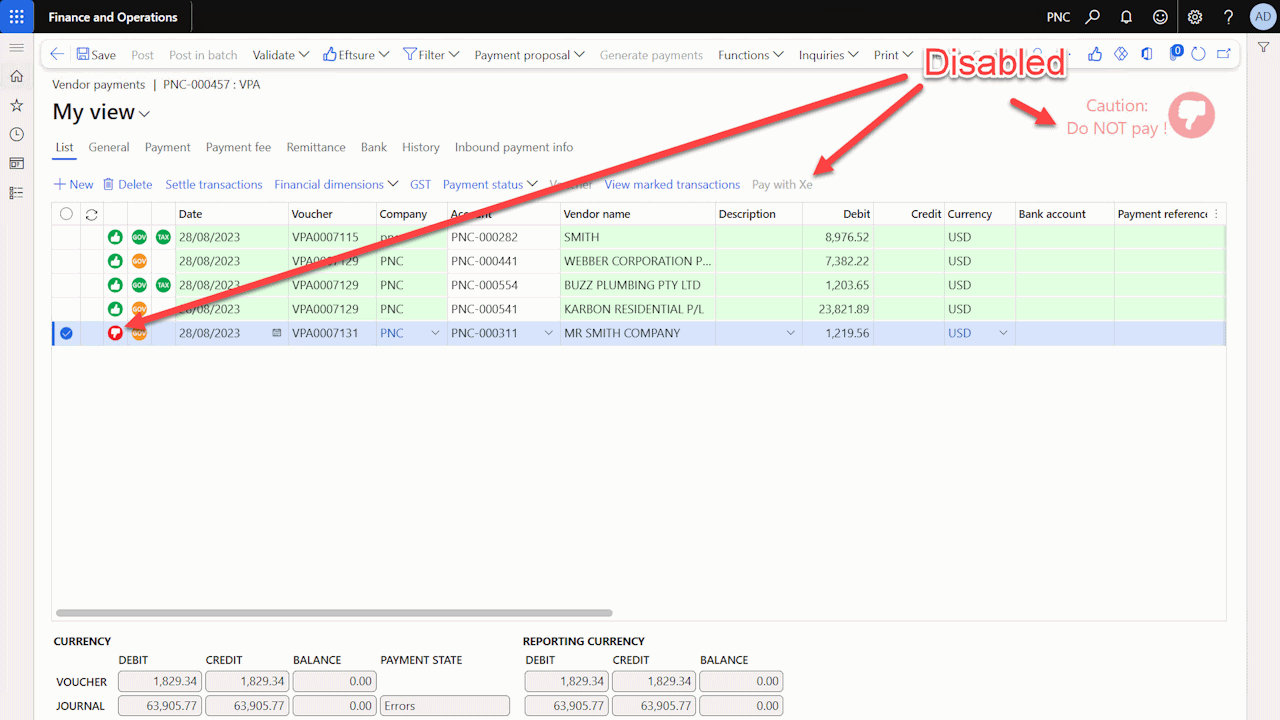 Eftsure inside Xe with payment journal lines errors