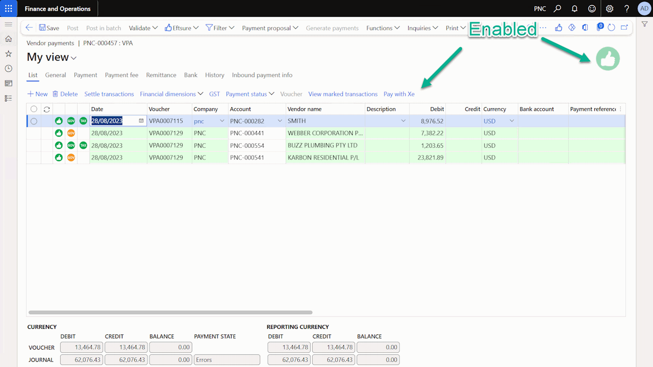 Eftsure inside Xe with valid payment journal lines