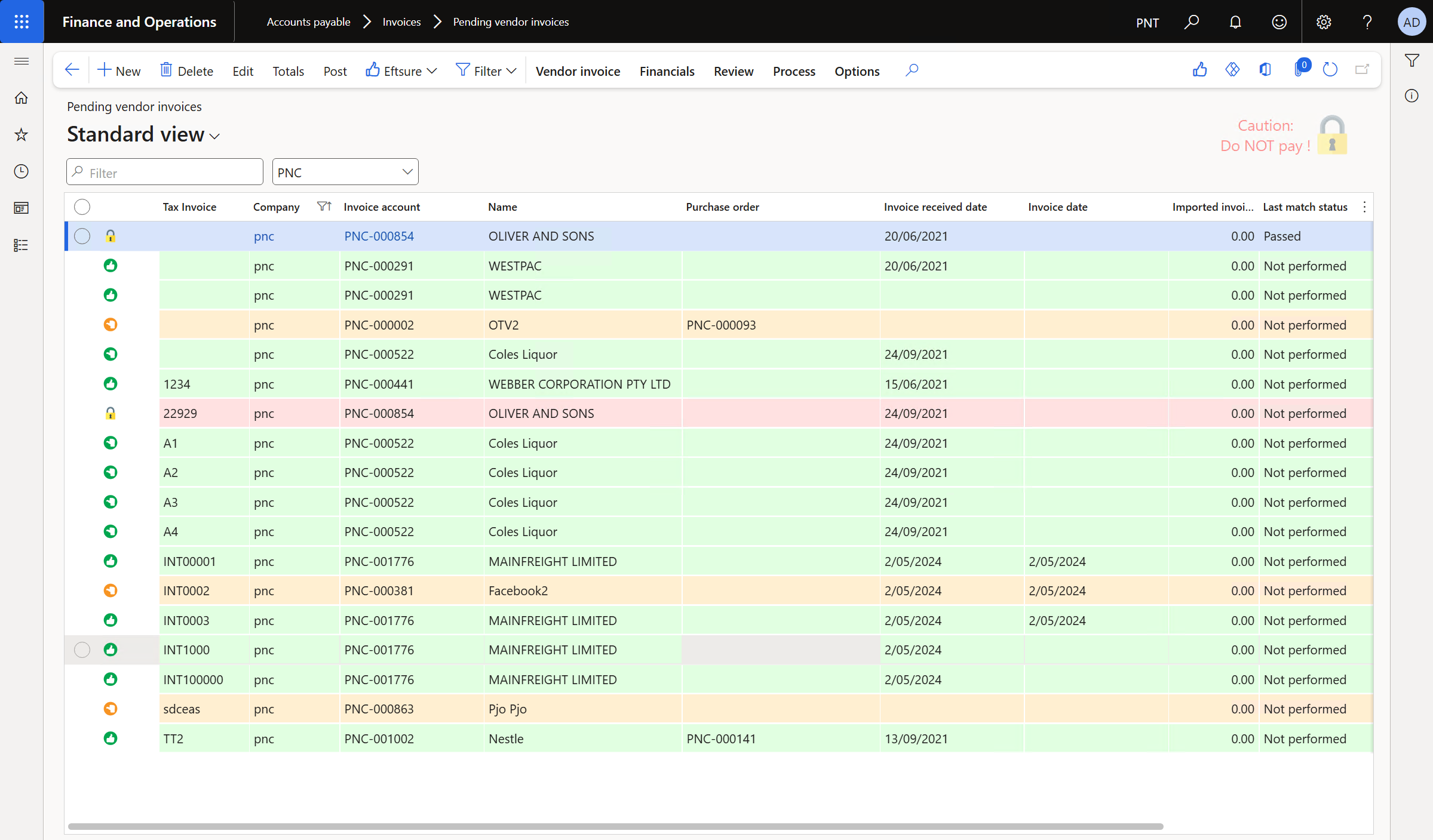 Pending vendor invoices