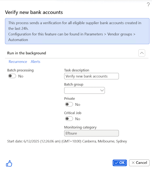 Verify new bank accounts popup