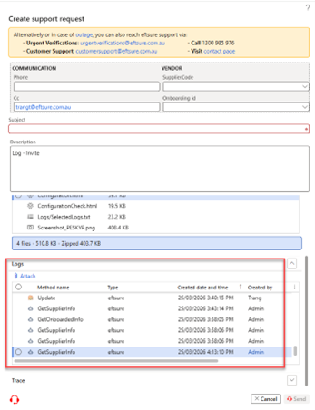 Logs in support tool